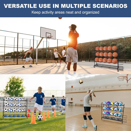 Vista 6 de Estante de baloncesto, soporte de pelota rodante de entrenamiento de tiro, organizador de garaje con ruedas, soporte de almacenamiento