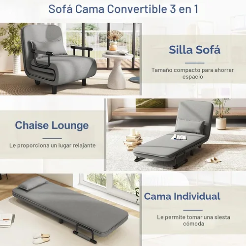 Vista 5 de GIANTEX - Sofá cama convertible 3 en 1 con respaldo ajustable de 5 posiciones, ruedas, 2 patas, tumbona reclinable con almohada, sillones