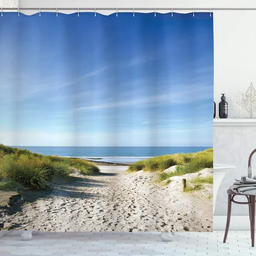 Vista 74 de Ambesonne Cortina de ducha de gaviotas, cielo nublado y gaviota voladora, imagen de meteorología de paisaje nublado, juego de decoración de baño
