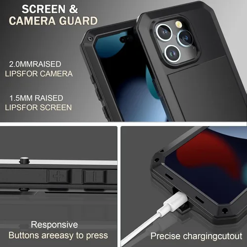 Vista 2 de Compatible con iPhone 15, funda protectora de cuerpo completo 360, resistente a los golpes, funda de metal de aleación de aluminio con protector