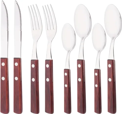 Vista 10 de Juego de cubiertos de 24 piezas con mango de madera, juego de cubiertos de acero inoxidable 304 para el hogar, cocina, restaurante, juego de vajilla
