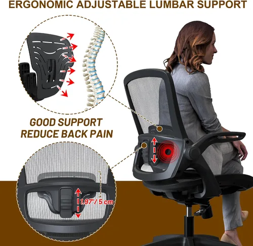 Vista 4 de KOLLIEE Silla de oficina en casa de malla ergonómica giratoria con soporte lumbar ajustable, silla de computadora cómoda negra con abatible