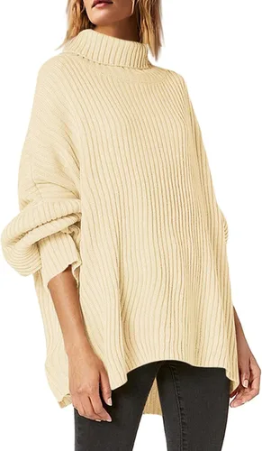 Vista 2 de Langwyqu Suéteres de cuello alto de gran tamaño para mujer, manga larga de murciélago, de punto acanalado, casual, holgados, túnica