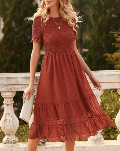 Vista 7 de NOLLSOM Vestidos de verano de manga corta con volantes para mujer, cuello redondo liso, fruncido, lunares suizos, vestido bohemio, vestido de cóctel