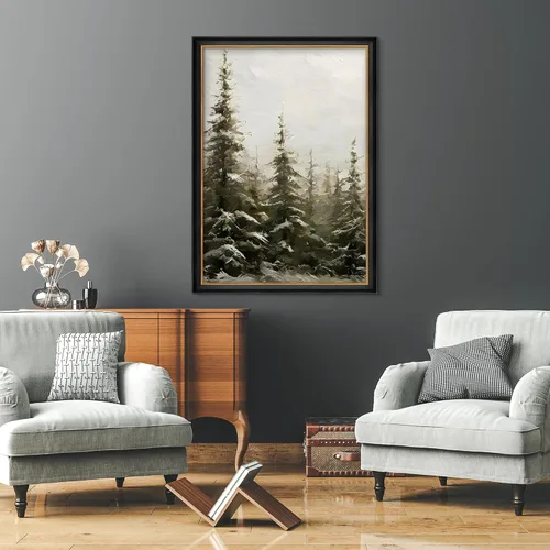 Vista 4 de MUDECOR Lienzo enmarcado prémium para pared, pinos nevados en bosque de invierno, ilustraciones modernas, arte contemporáneo, escénico, divertido