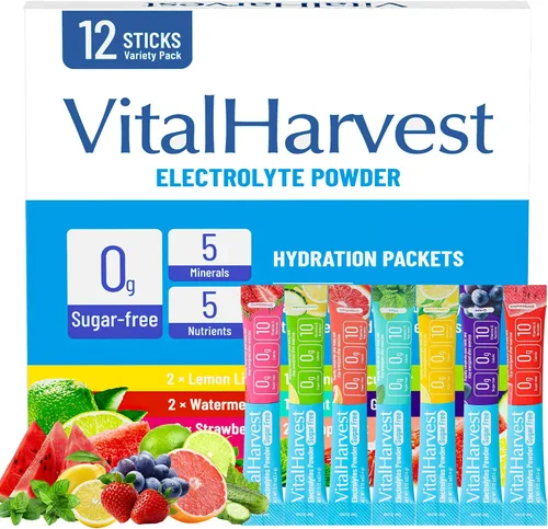 Vista 10 de VitalHarvest 24 Sobres de Polvo de Electrolitos Sin Azúcar Paquetes de Hidratación Mezcla de Bebida IV Diaria Líquida para Hidratación Rápida, Bajo