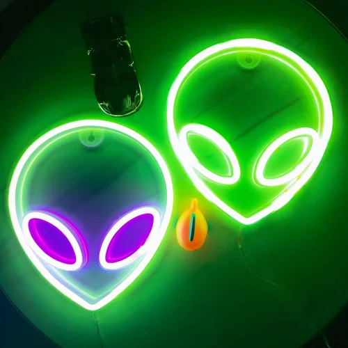 Vista 4 de Letrero de neón con cabeza de alienígena, 1 unidad, luz de neón de alienígena verde y morado, USB o 3 pilas AA, divertido letrero de neón iluminado