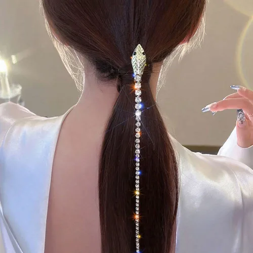 Vista 7 de 2 cadenas de pelo de serpiente con diamantes de imitación brillantes, diadema de cristal con borla larga, accesorios para el cabello, joyas, pinzas