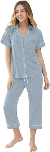 Vista 5 de Joyaria Conjunto de pijama de viscosa hecha de bambú para mujer, con botones y botones de manga corta
