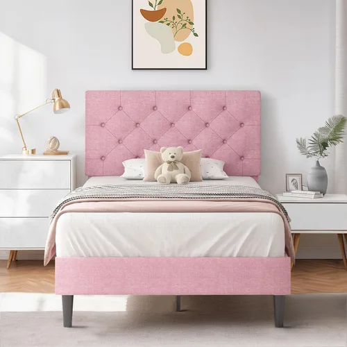 Vista 35 de HOMBCK Base de cama de tamaño individual con cabecera, base de cama tapizada con plataforma de lino para niños, base de cama de tamaño individual