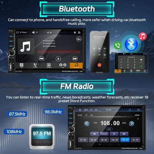 Vista 3 de Motoris - Estéreo de coche de 7" con CarPlay inalámbrico y Android Auto, radio Bluetooth con pantalla táctil extraíble de 4+64G con GPS, Mirror