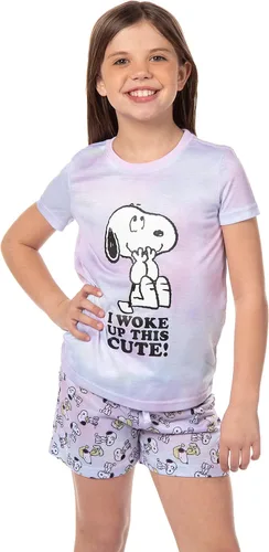 Vista 6 de INTIMO Peanuts - Conjunto de pijama para niña con texto en inglés "I Woke Up This Cute Snoopy Tie-dye