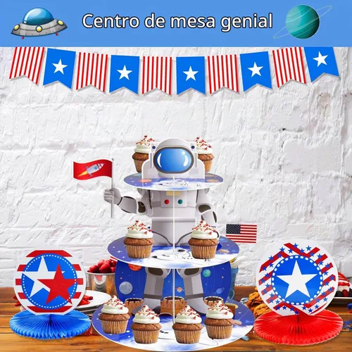 Vista 6 de Soporte de astronauta espacial para cupcakes, decoración de fiesta de cumpleaños con temática espacial, 3 niveles, soporte de cartón para cupcakes