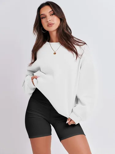 Vista 6 de ANRABESS Sudadera de manga larga para mujer, casual, cuello redondo, ajuste holgado, sudadera con capucha de forro polar para otoño