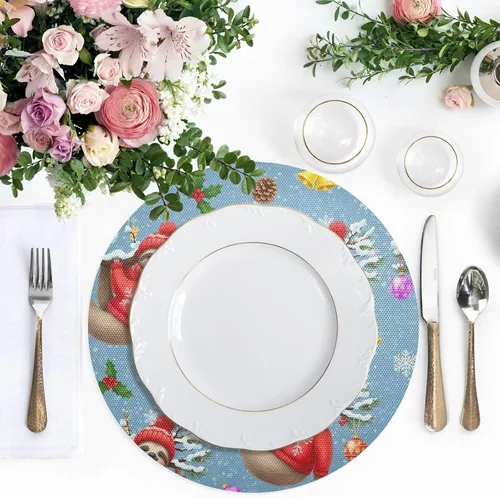Vista 5 de Cute Sloth Red Dining Room Table Placemats, Non Slip Placemats Round Washable for Kitchen Table one sizex4