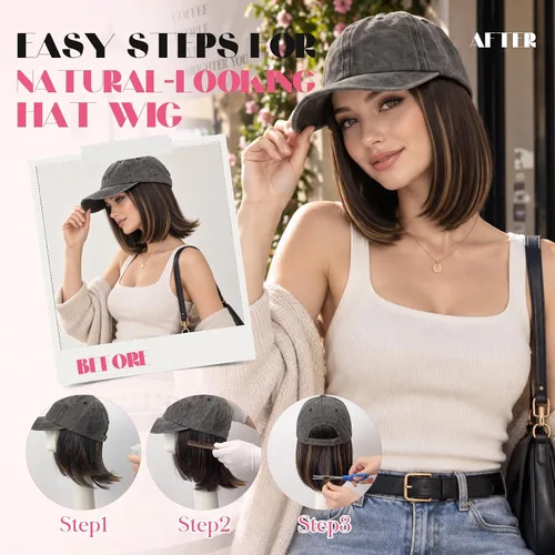 Vista 8 de S-noilite Gorra de béisbol de 6 pulgadas con peluca corta de peinado Bob