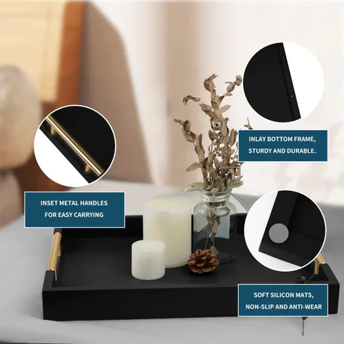 Vista 2 de Bandeja decorativa de madera para mesa auxiliar, bandeja de servicio con acabado mate de 16 pulgadas con asas para otomana, sala de estar, perfume