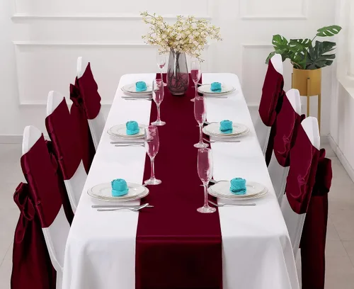 Vista 2 de Horbaunal Paquete de 24 caminos de mesa de satén burdeos de 12 x 108 pulgadas, caminos de mesa suaves para banquetes de boda, fiesta de cumpleaños