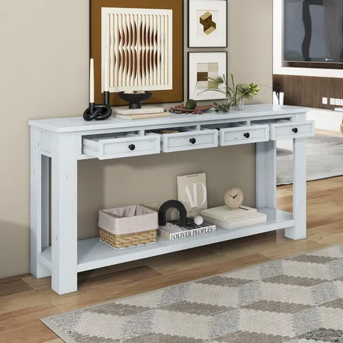 Vista 3 de JIVOIT Mesa consola rústica y elegante, mesa de consola rectangular de madera con cajones de almacenamiento y estante inferior para entrada Blanco