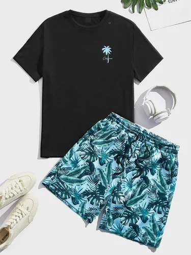 Vista 8 de GORGLITTER Conjunto de 2 piezas de camiseta gráfica de manga corta para hombre, estampado hawaiano con cordón y pantalones cortos
