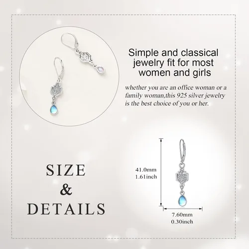 Vista 5 de Aretes de gota de piedra lunar para mujeres y niñas de plata de ley 925 con circonita cúbica, aretes de lágrima de piedra lunar, regalo de joyería