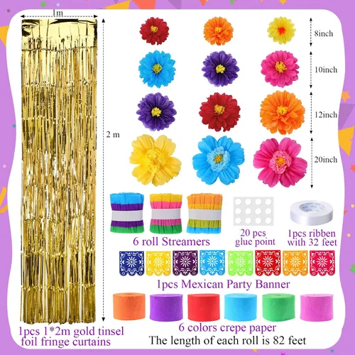 Vista 2 de TaoBary Juego de 28 piezas de decoración de fiesta mexicana, flores de papel mexicano, fiesta con volantes, fondo de papel picado, decoraciones