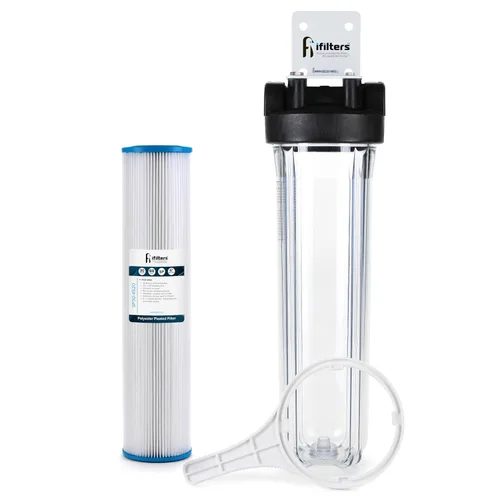 Vista 4 de Well Water - Sistema de filtración completo de sedimentos y óxido para toda la casa con filtro lavable plisado, carcasa transparente con puertos