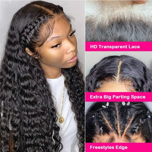 Vista 4 de Pelucas de encaje frontal sin pegamento con onda de agua para mujer, cabello humano 180 de densidad, cabello virgen brasileño sin procesar
