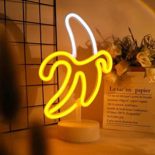 Vista 6 de Letrero de neón de plátano, luz LED WIOSOUL Banana con base para decoración de mesa, lámpara LED USB / batería alimentada por batería para hombre
