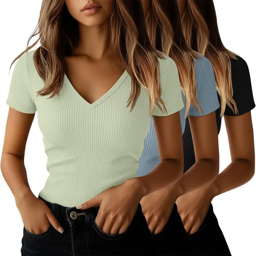 Vista 9 de Ficerd Paquete de 3 camisetas de algodón de manga corta para mujer, cuello en V, acanaladas, ajustadas, camisetas básicas casuales de verano
