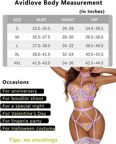 Vista 7 de Avidlove Conjunto de lencería para mujer con encaje bordado y brasier con tirantes y braga extraíble
