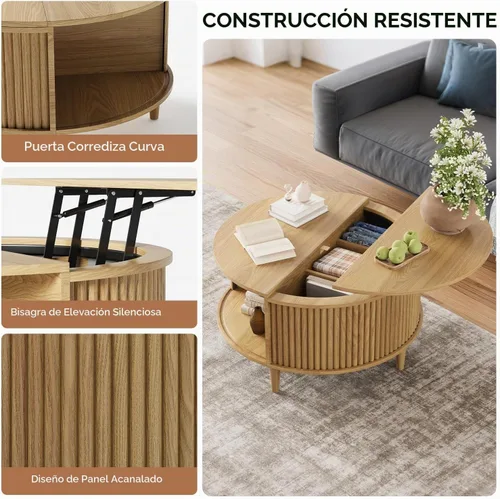 Vista 4 de Mesa auxiliar con tapa elevable y almacenamiento, mesa central redonda acanalada con puerta de armario deslizante, mesa pequeña circular para sala