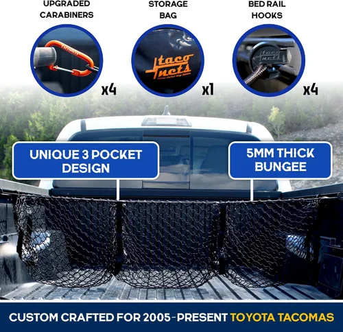 Vista 2 de TacoNets Red de carga de tres bolsillos para Toyota Tacoma 2005-2024, diseño patentado, organizadores y almacenamiento de caja de camioneta