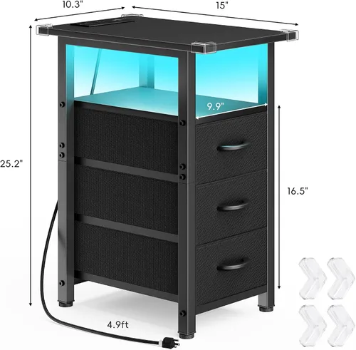 Vista 3 de Vagusicc Mesita de noche negra con estación de carga y luces LED, mesa auxiliar estrecha, mesita de noche LED con 3 cajones de tela para dormitorio