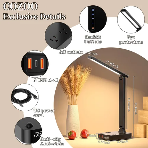 Vista 2 de COZOO Lámpara de escritorio LED con 3 puertos de carga USB, 2 tomas de corriente CA, 3 modos de color y 3 niveles de brillo, función