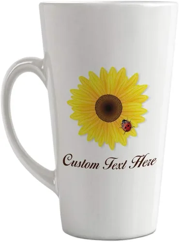 Vista 7 de Taza de café con leche personalizada de cerámica Taza de girasol y mariquita Naturaleza Flores y plantas Taza de té 12 Oz Texto personalizado aquí