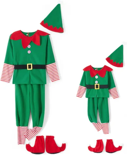 Vista 5 de Michellecmm Disfraz de elfo de Navidad para niñas, niños, hombres y mujeres, disfraz de elfo de Navidad, vestido de Santa para fiesta de disfraces