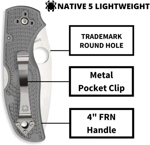 Vista 4 de Spyderco C41 Native 5 Signature - Cuchillo plegable con hoja de acero CPM S30V de 2.95" y mango FRN ligero, Gris Gris, 6.95" Longitud total, 2.95