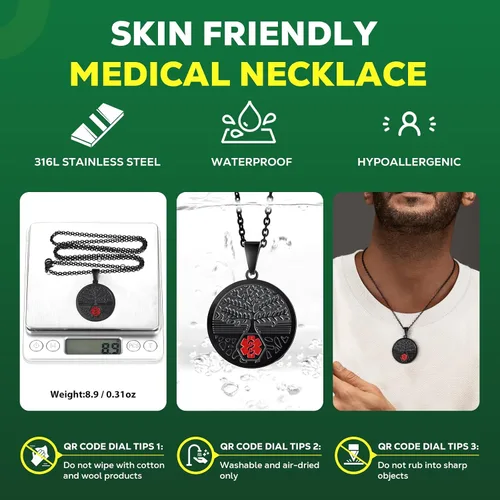 Vista 2 de Collar de alerta médica para mujer - Collar médico de acero inoxidable grabado con código QR Collar de identificación médica - Más espacio