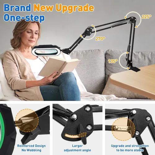 Vista 4 de Lupa iluminada con brazo oscilante de 3 secciones, 12 unidades, ultra larga, lámpara de lupa grande rectangular de 5.3 x 3.2 pulgadas con soporte