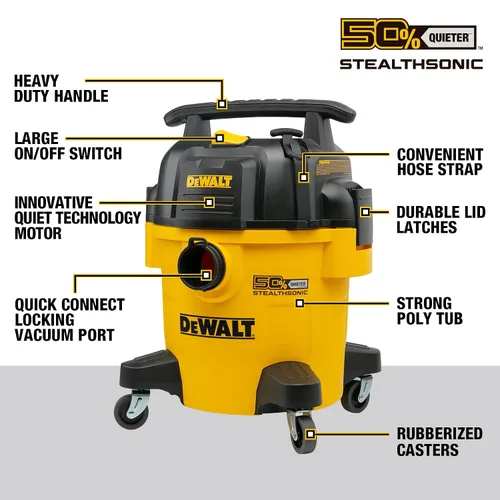 Vista 6 de DEWALT Aspiradora Stealthsonic de 5 galones y 4 HP DXV05P-QTB con 6 bolsas de polvo, aspiradora ultra silenciosa de polietileno con potente succión