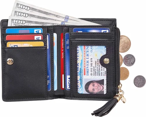 Vista 2 de Gostwo Mini monedero delgado plegable para mujer con borla y bolsillo con cremallera para monedas, Negro con llavero, Moda