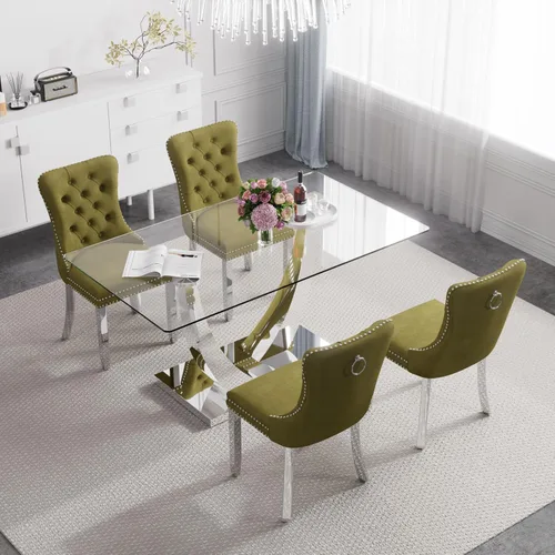 Vista 14 de Juego de mesa de comedor de cristal moderno de mediados de siglo para 4, 63 pulgadas, juego de comedor rectangular grande de lujo con parte superior
