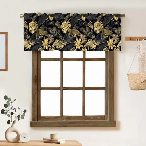 Vista 11 de Cortina de cenefa de hojas verdes tropicales, diseño de hojas de palmera, cenefa con bolsillo para barra, 1 panel, cortinas cortas para cocina