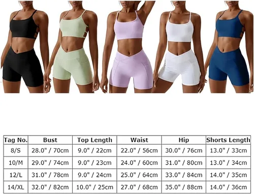 Vista 7 de IWEMEK Conjuntos de entrenamiento para mujer, 2 piezas, trajes de yoga de cintura alta, pantalones cortos y brasier deportivo, ropa de gimnasio