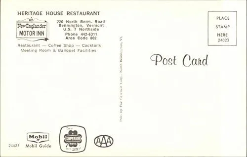 Vista 2 de Heritage House Restaurant, New Englander Motor Inn Bennington, Vermont VT Original Vintage Postcard