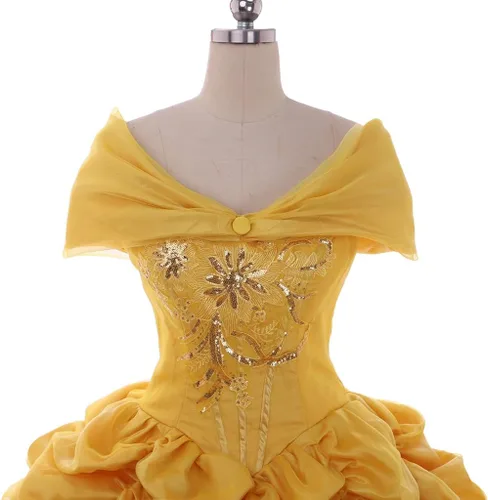 Vista 6 de Belle - Vestido de baile dorado para mujer, disfraz de princesa para adulto, Amarillo
