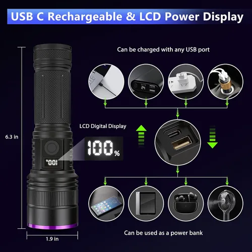 Vista 5 de Luces negras recargables de 365nm con linterna de luz UV de lente de filtro