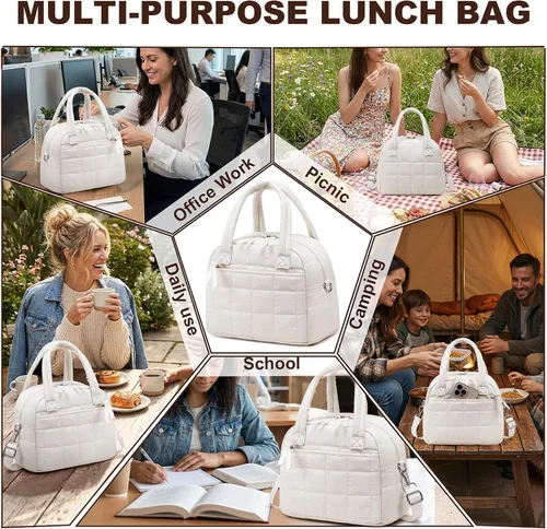 Vista 6 de LEDAOU Lonchera para Mujeres, Bolsa de Almuerzo Acolchada con Relleno Puffer, con Correa Ajustable, Aislada, Reutilizable, para el Trabajo, Escuela