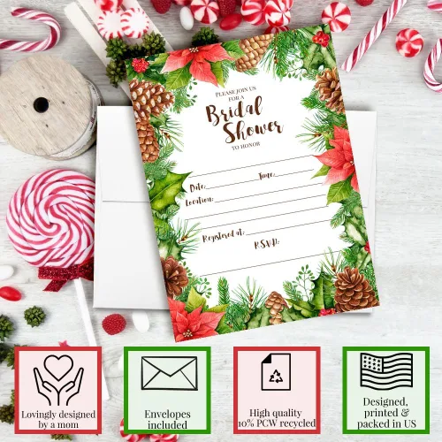 Vista 2 de Invitaciones de Navidad para despedida de soltera con sobres, flor de pascua rústica, piña y acebo, paquete de 4 tarjetas de invitación de doble